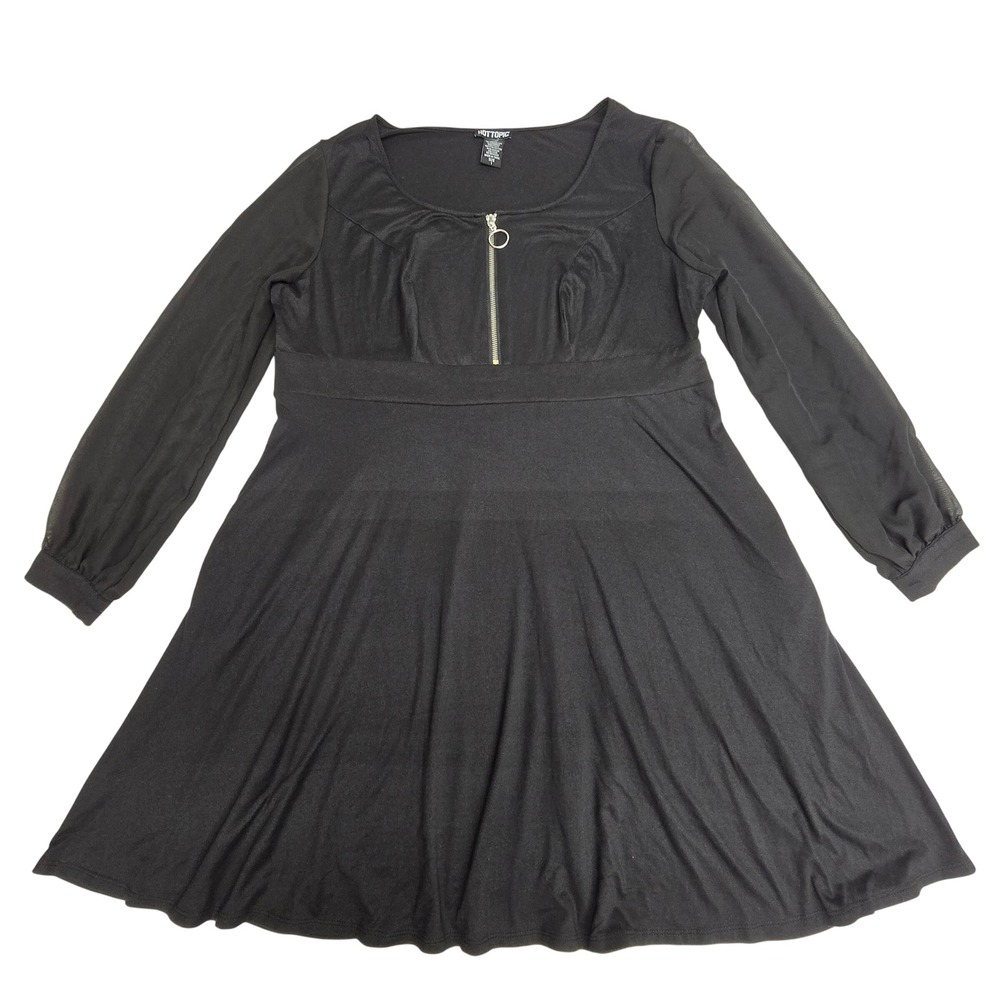 Hot Topic Black Long Sleeve Mesh Skater Dress O-Ring Zip Goth Plus Size 1